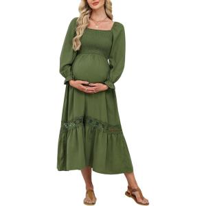 CUPSHE Women’s Maternity Maxi Dresses Square Neck Smocked Baby Shower Long Sleeve Ruffled Fashion Casual Fall Pregnancy Dress(Olive Green)
