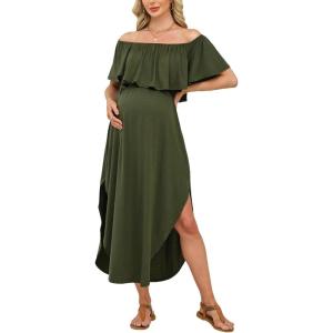 CUPSHE Women’s Maxi Off-Shoulder Maternity Dress Summer Casual Sleeveless Ruffled Trim Photoshoot Dresses(Green)