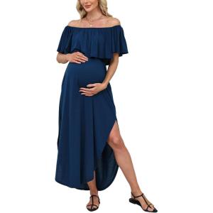 CUPSHE Women’s Maxi Off-Shoulder Maternity Dress Summer Casual Sleeveless Ruffled Trim Photoshoot Dresses(Navy Blue)