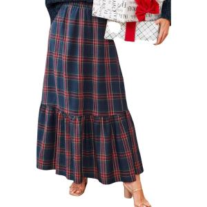 CUPSHE Womens Maxi Skirts Tartan Ruffled Skirt Plaid Holiday Christmas High-Rise Waist Xmas Long Skirt(Blue)