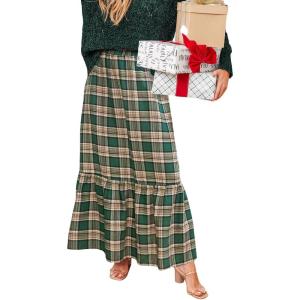CUPSHE Womens Maxi Skirts Tartan Ruffled Skirt Plaid Holiday Christmas High-Rise Waist Xmas Long Skirt(Green)