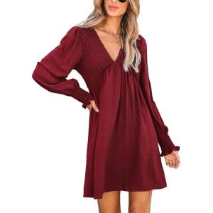 CUPSHE Women’s Mini Dress Smocked V Neck Long Sleeve Empire Waist Casual A Line Dress(Burgundy)