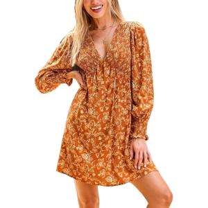 CUPSHE Women’s Mini Dress Smocked V Neck Long Sleeve Empire Waist Casual A Line Dress(Burnt Orange)