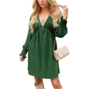 CUPSHE Women’s Mini Dress Smocked V Neck Long Sleeve Empire Waist Casual A Line Dress(Green)