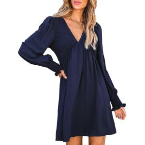 CUPSHE Women’s Mini Dress Smocked V Neck Long Sleeve Empire Waist Casual A Line Dress(Navy Blue)