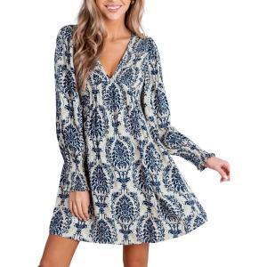 CUPSHE Women’s Mini Dress Smocked V Neck Long Sleeve Empire Waist Casual A Line Dress(Navy Paisley)
