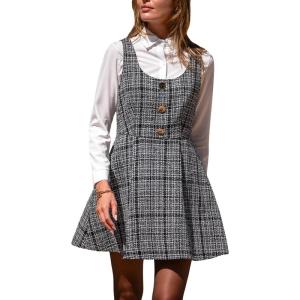 CUPSHE Women’s Mini Overall Dresses Scoop Neck Plaid Sleeveless Casual Short A Line Cute Fall Pinafore Dress(Black Plaid)