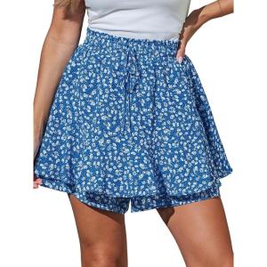 CUPSHE Women’s Mini Skirt Floral Ruffle Hem Skort Smocked High Waist Drawstring Summer(Blue)