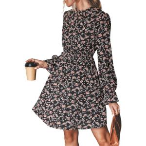CUPSHE Women’s Mock Neck Floral Mini Fall Dress Long Ruffle Sleeve Elastic Waist Smocked Casual Flowying Mini Dresses(Black)