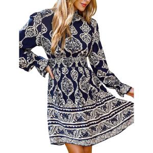 CUPSHE Women’s Mock Neck Floral Mini Fall Dress Long Ruffle Sleeve Elastic Waist Smocked Casual Flowying Mini Dresses(Black Paisley)