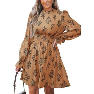 CUPSHE Women’s Mock Neck Floral Mini Fall Dress Long Ruffle Sleeve Elastic Waist Smocked Casual Flowying Mini Dresses(Burnt Almond)