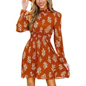 CUPSHE Women’s Mock Neck Floral Mini Fall Dress Long Ruffle Sleeve Elastic Waist Smocked Casual Flowying Mini Dresses(Burnt Orange)