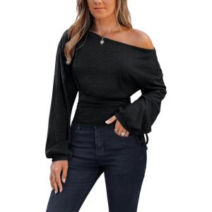CUPSHE Women’s Off The Shoulder Top Fall 2026 Oversized Knit Long Lantern Sleeves Pullover Blouse(Black)