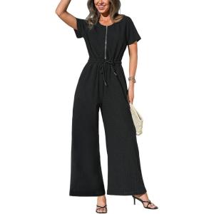 CUPSHE Women’s One Piece Jumpsuits Dressy Zip Up Casual Short Sleeve Rompers Loose Wide Leg Pants Overalls Vacation Outfits(Black)