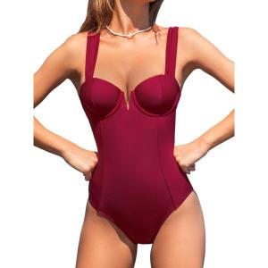 CUPSHE Women’s One Piece Swimsuit Sweetheart Neck Bathing Suit Cutout Crisscross Back Wide Straps Self Tie(Burgundy Red)