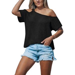 CUPSHE Women’s One Shoulder Tops Strap Trendy Short Sleeve Knit Sexy Cutout Tee(Black)