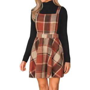 CUPSHE Women’s Overall Dress Square Neck Plaid Sleeveless Casual Short A Line Cute Fall Mini Pinafore Dresses(Brown Plaid)