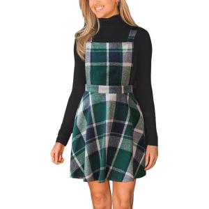 CUPSHE Women’s Overall Dress Square Neck Plaid Sleeveless Casual Short A Line Cute Fall Mini Pinafore Dresses(Green Plaid)