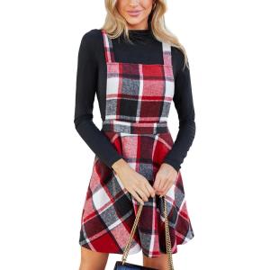 CUPSHE Women’s Overall Dress Square Neck Plaid Sleeveless Casual Short A Line Cute Fall Mini Pinafore Dresses(Red Plaid)