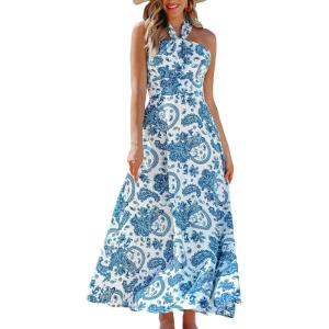 CUPSHE Women’s Paisley Summer Dresses Casual Halter Twist Backless Tie Back Smocked Maxi Dress(Blue)