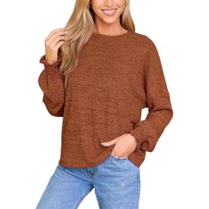 CUPSHE Womens Rib Knit Blouse Tops Loose Lantern Long Sleeve Casual Sweater Pullover Shirts 2024(Orange)