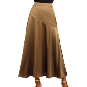CUPSHE Women’s Satin Midi Skirts A Line High Waisted Flowy Elegant Long Skirt Casual Vacation Outfits(Coffee)