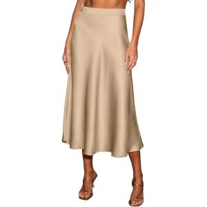 CUPSHE Women’s Satin Skirt Flowy A Line Cocktail Party Wedding High Waist Long Midi Skirts Vacation Outfits(Beige)