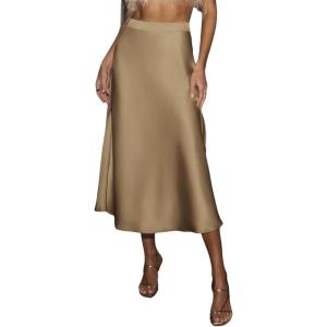 CUPSHE Women’s Satin Skirt Flowy A Line Cocktail Party Wedding High Waist Long Midi Skirts Vacation Outfits(Light Brown)