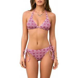 CUPSHE Women’s Sexy Bikini Set Two Piece Swimsuit V Neck Halter Strap Bathing Suit Open Back Mid Rise Side Self Tie(Dark Pink/Geo)