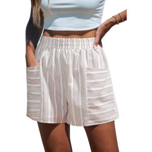 CUPSHE Women’s Stripe Shorts High Waist Smocked Patch Pockets Summer Casual Short Brown(Brown Stripe)