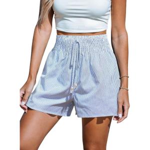 CUPSHE Women’s Striped Shorts Smocked High‑Waist Elastic Drawstring Waist Casual Summer Essential Short(Blue)