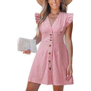 CUPSHE Women’s Striped Summer Dresses V Neck Casual Mini Dress Flutter Sleeve Ruffle Button Sundresses(Red)