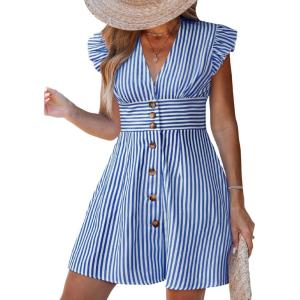CUPSHE Women’s Striped Summer Dresses V Neck Casual Mini Dress Flutter Sleeve Ruffle Button Sundresses(Roray Blue)