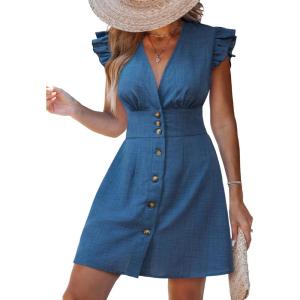 CUPSHE Women’s Striped Summer Dresses V Neck Casual Mini Dress Flutter Sleeve Ruffle Button Sundresses(Solid Blue)