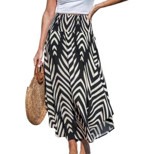 CUPSHE Womens Summer Skirts Abstract Smocked Midi Skirt High Waist Coverup Casual Vacation Beach Skirt(Black)
