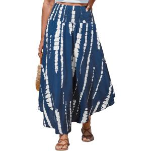 CUPSHE Womens Summer Skirts Abstract Smocked Midi Skirt High Waist Coverup Casual Vacation Beach Skirt(Navy Blue)