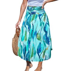 CUPSHE Womens Summer Skirts Abstract Smocked Midi Skirt High Waist Coverup Casual Vacation Beach Skirt(Sky Blue)