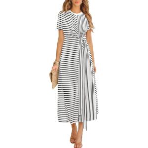 CUPSHE Women’s Summer Striped Dresses Short Sleeve Tie Waist T Shirt Maxi Dress Casual Vacation Outfits(Black)