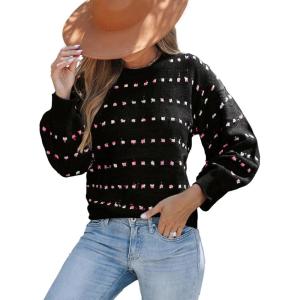 CUPSHE Womens Sweaters Rainbow Dots Long Sleeve Sweater Crewneck Lightweight Knit Pullover Sweater Tops(Black)