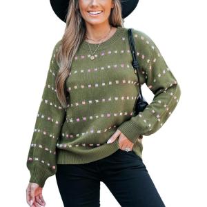 CUPSHE Womens Sweaters Rainbow Dots Long Sleeve Sweater Crewneck Lightweight Knit Pullover Sweater Tops(Green)