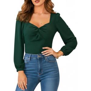 CUPSHE Women’s Sweetheart Neck Tops Twist Front Long Sleeve Blouse Dressy Fall Going Out Shirt(Green)
