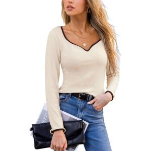CUPSHE Women’s Sweetheart Neckline Top Color Block Long Sleeve T Shirts Ribbed Knit Tee Tops(Beige)