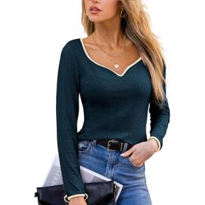 CUPSHE Women’s Sweetheart Neckline Top Color Block Long Sleeve T Shirts Ribbed Knit Tee Tops(Navy)