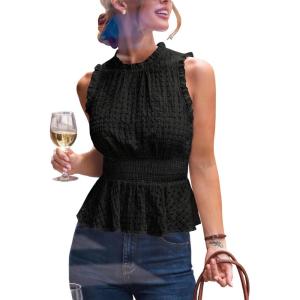 CUPSHE Women’s Tank Top Floral Smocked High Neck Sleeveless Casual Dressy Vacation(Black)