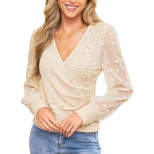 CUPSHE Womens Top Eyelet Lace V Neck Long Floral Sleeve Blouse Casual Hollow Out Loose Trendy Dressy(3-beige)