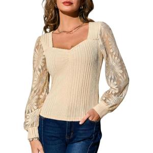 CUPSHE Womens Top Eyelet Lace V Neck Long Floral Sleeve Blouse Casual Hollow Out Loose Trendy Dressy(4-beige)