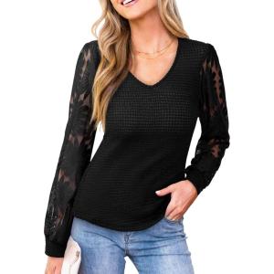 CUPSHE Womens Top Eyelet Lace V Neck Long Floral Sleeve Blouse Casual Hollow Out Loose Trendy Dressy(Black)