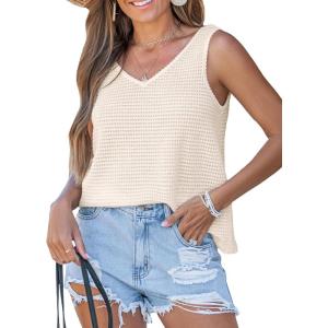 CUPSHE Womens Top Lace V Neck Sleeveless Shirts Dressy Tank Coverup 2025 Fashion Blouse Summer Casual(Beige)