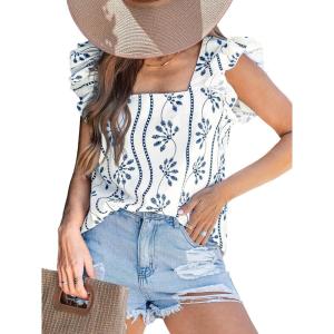 CUPSHE Womens Top Square Neck Short Sleeve Ruffled Shirts Dressy Tank Tops 2025 Fashion Blouse Summer Casual(Blue)