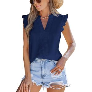 CUPSHE Womens Top Woven V Neck Sleeveless Smocked Cuffs Blouse Casual Loose(Navy)
